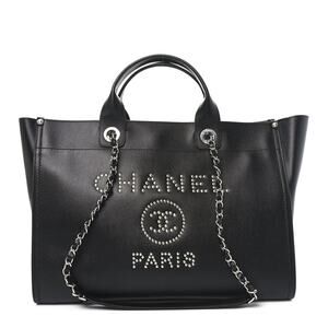 CHANEL Deauville Black Caviar Leather Studded GM Large Chain Shopping Tote SHW